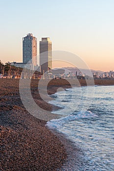 Barcelona, Ã¢â¬â¹Ã¢â¬â¹Spain - March 17, 2019: View of sandy beach in Barcelona city  in Spain